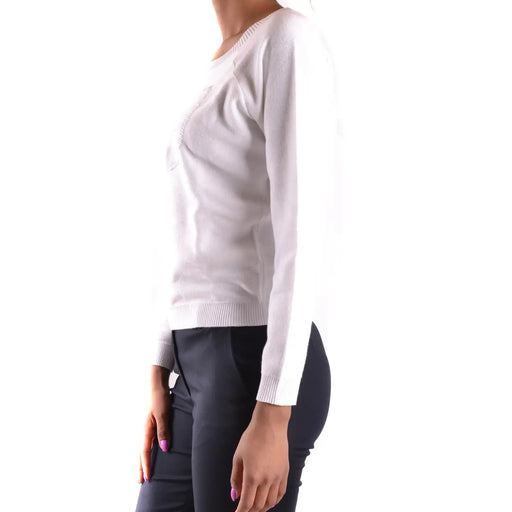 Armani Jeans Damen-Strickpullover aus weißer Baumwolle mit langem Rundhalsausschnitt, gerippten Bündchen und dezentem Strukturmuster auf der Vorderseite