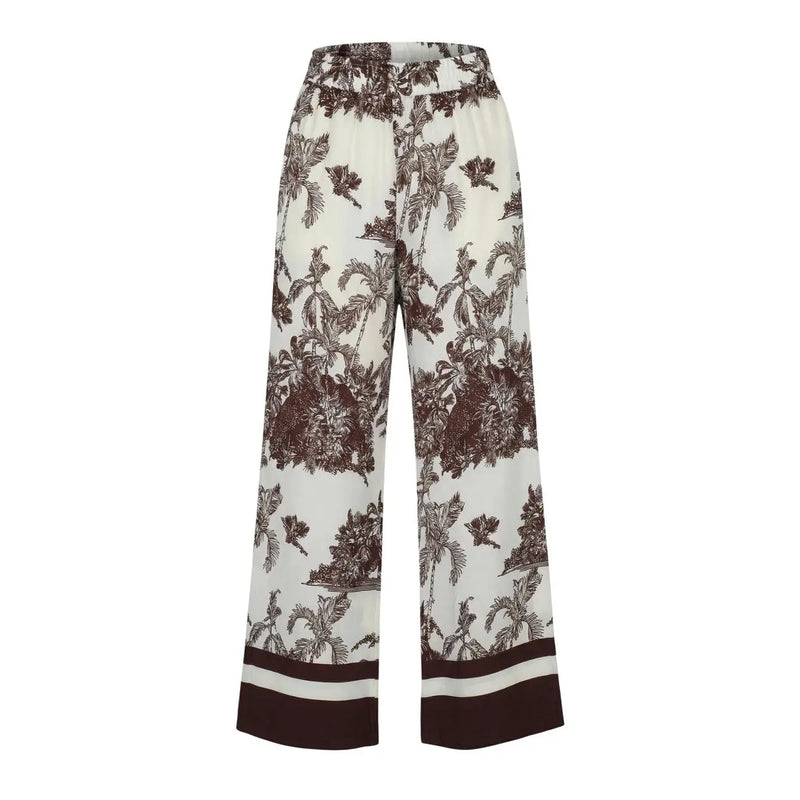 Artigli Damen-Viskosehose in Beige mit Blumenmuster, cremefarbenem, weitem Bein und braunem Tropenprint für Frühling/Sommer