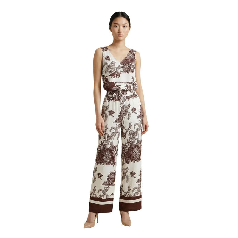 Artigli Damen-Jumpsuit aus beigefarbenem, geblümtem Viskosegewebe mit V-Ausschnitt, braunem Pflanzenmuster und passendem Gürtel, Frühling/Sommer