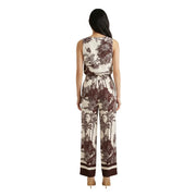 Ärmelloser Damen-Jumpsuit von Artigli mit weitem Bein in Creme und Burgunderrot mit botanischem Print aus Viskose für Frühling/Sommer