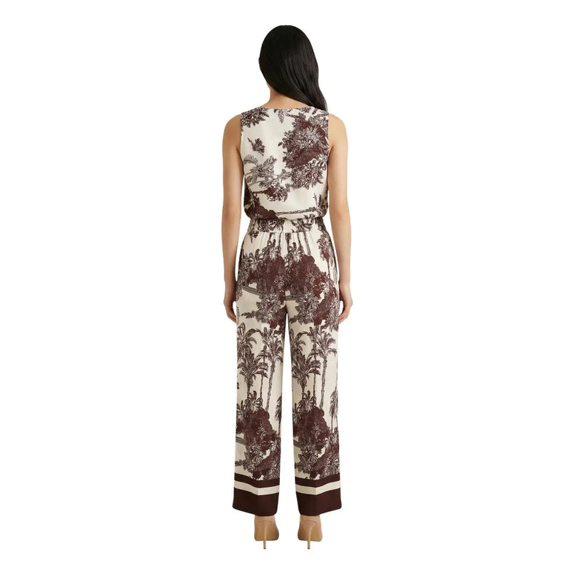 Ärmelloser Damen-Jumpsuit von Artigli mit weitem Bein in Creme und Burgunderrot mit botanischem Print aus Viskose für Frühling/Sommer