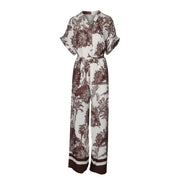 Artigli Damen-Jumpsuit mit Blumenmuster, beige Viskose mit weiß-braunem Tropenprint, kurzen Ärmeln, Knopfleiste vorne, weitem Bein