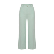 Artigli Damenhose aus grünem Polyester-Stretch, hochgeschnitten, weites Bein, taillierte Passform und dezente Bundfalten vorne.