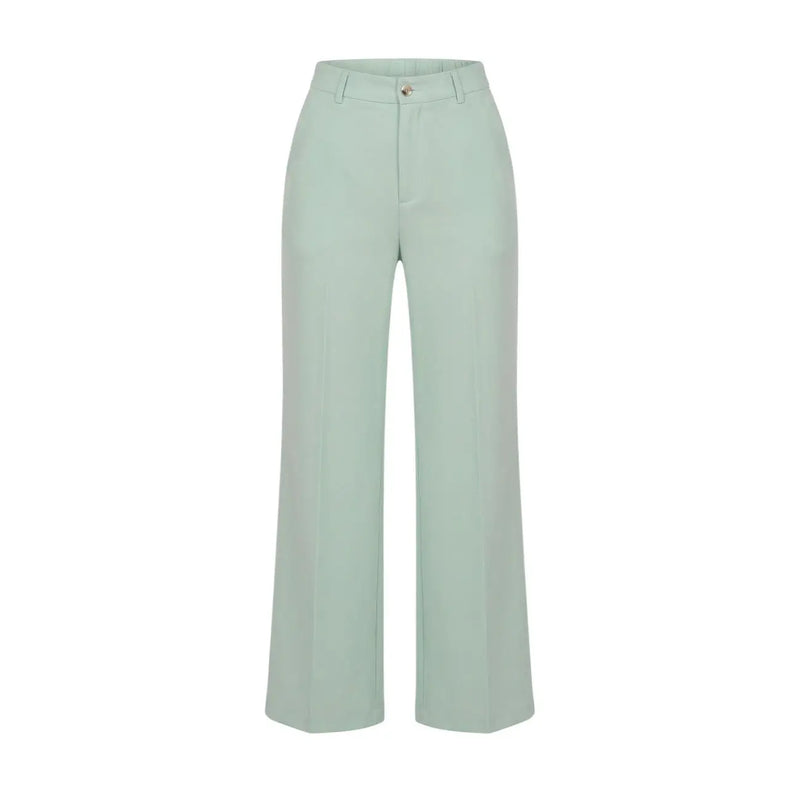 Artigli Damenhose aus grünem Polyester-Stretch, hochgeschnitten, weites Bein, taillierte Passform und dezente Bundfalten vorne.