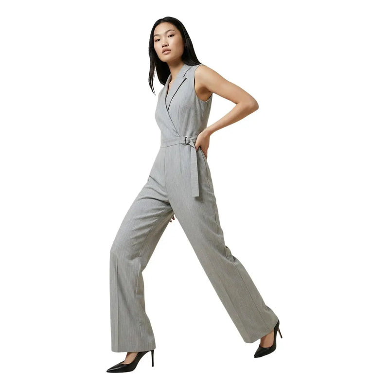 Artigli Damen grauer ärmelloser Jumpsuit mit V-Ausschnitt und tailliertem Blazer top und weit geschnittene Hosen aus hellgrauem Stoff