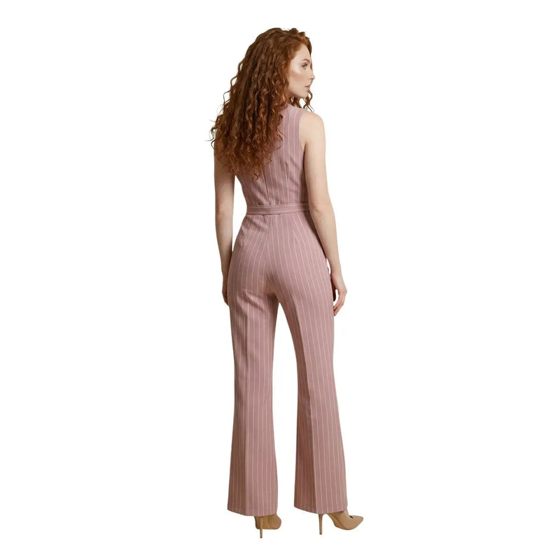 Artigli Damen-Jumpsuit aus Polyester, ärmellos, rosa, mit zartrosa Nadelstreifen, tailliertem Bund und ausgestellten Beinen