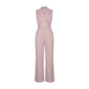 Artigli Damen-Jumpsuit aus Polyester in zartem Rosa mit Nadelstreifen, ärmellos, doppelreihig geknöpft und mit goldfarbenen Knöpfen