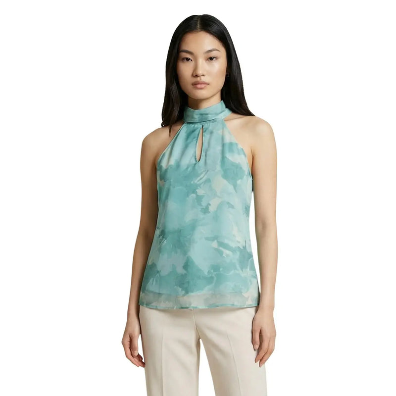 Artigli Damen ärmelloser Rollkragenpullover top aus grünem Polyester mit türkisfarbenem Batik-Neckholder-Schnitt und Schlüssellochausschnitt