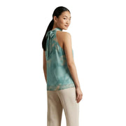 Artigli Damen ärmelloser Rollkragenpullover top in grünem Polyester mit einem türkisfarbenen und beigen Batik-Seidentop top Schleifendetail am Rücken