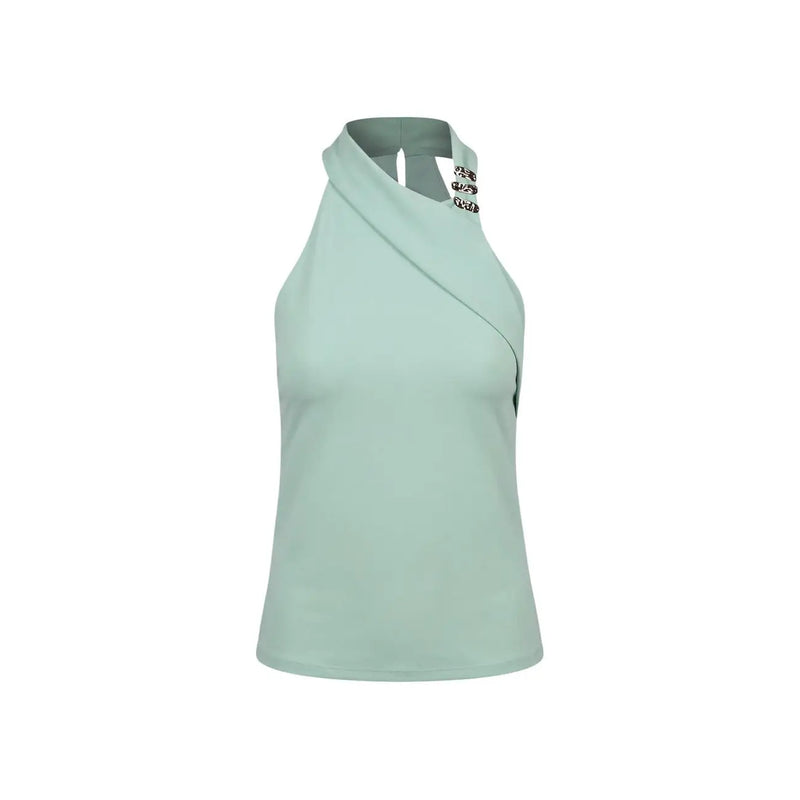 Artigli Damen ärmelloses Polyester top in Mintgrün mit Neckholder-Ausschnitt, drapierter Vorderseite und silbernen Verzierungen