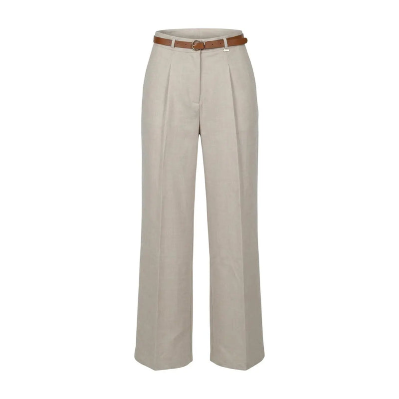 Beige plissierte, weite Polyesterhose mit braunem Ledergürtel, Reißverschluss und Knopfverschluss, hergestellt in Italien von Artigli.