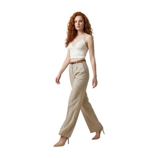 Beige Damen-Polyesterhose von Artigli mit weitem Bein, Gürtelschlaufen, Falten, Reißverschluss und Knopf vorne, hergestellt in Italien.