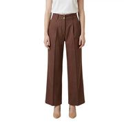 Artigli Damen-Hose aus braunem Polyester, hochgeschnitten, weit geschnitten, mit Bundfalten vorne und Reißverschluss mit Knopfverschluss.