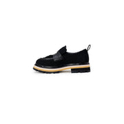 Ash women black leather slip on shoe featuring black woven design with glossy strap and layered platform sole