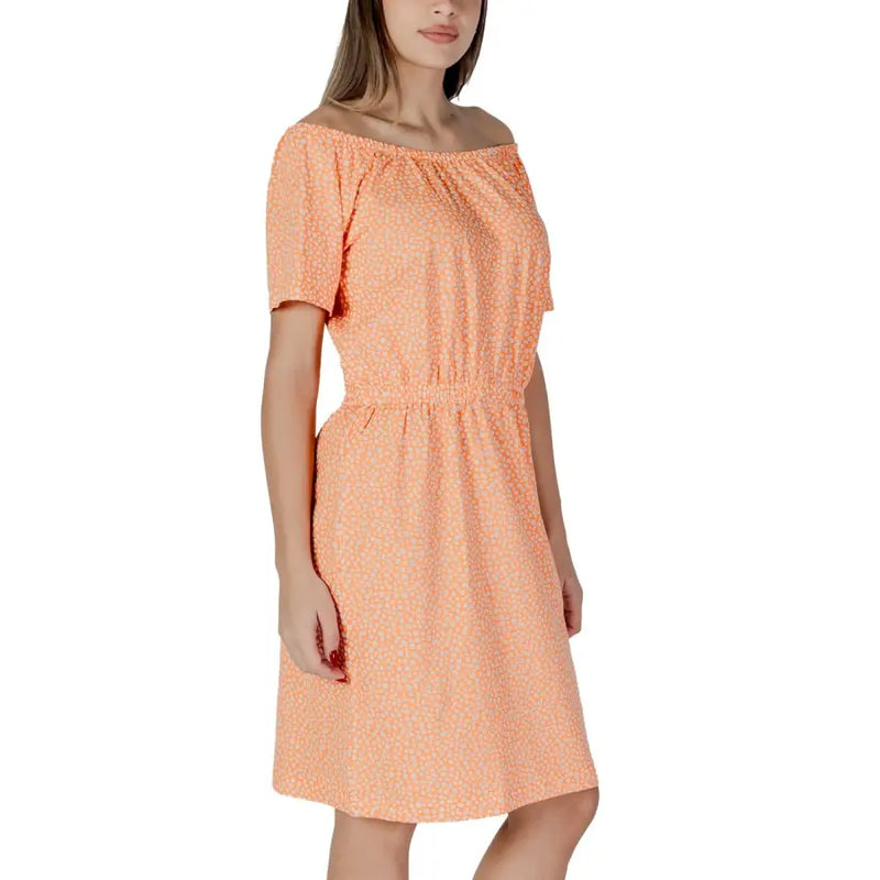 B.young orange soft peach off-the-shoulder dress with white dot pattern and gathered waist for stylish wear
