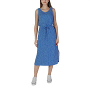 A blue sleeveless midi dress with white polka dots and a drawstring waist by B.young