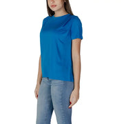 B.young women’s royal blue short-sleeved round neck t-shirt with subtle ruched detail at the neckline