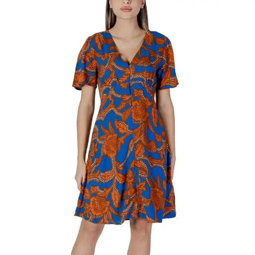 Blue and orange floral print dress from B.young Women’s Viscose Shorts collection