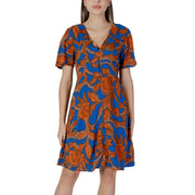 B.young women’s blue and orange floral print viscose dress with short sleeves v-neckline and front button closures