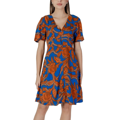 B.young women’s blue and orange floral print viscose dress with short sleeves v-neckline and front button closures