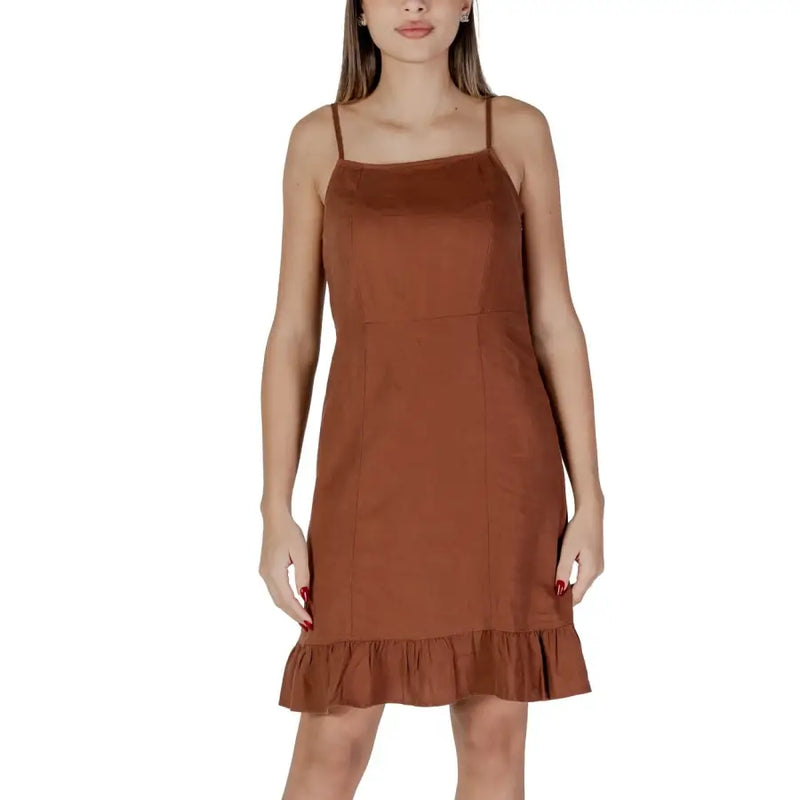 B.young women’s rust-colored sleeveless mini slip-on dress with thin straps and ruffled hem for casual wear