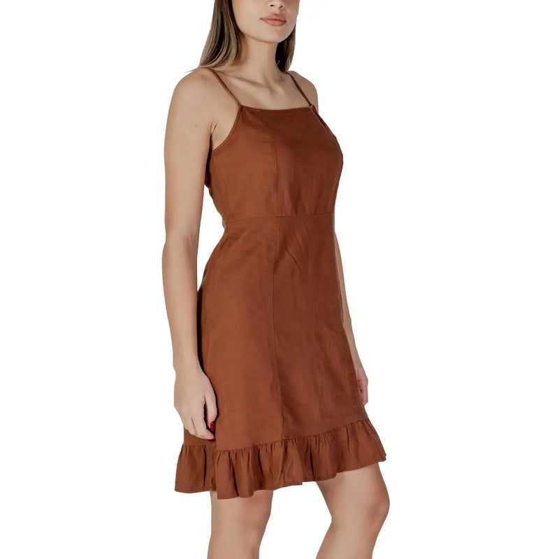 B.young women’s brown sleeveless mini slip-on dress with thin straps and ruffled hem for casual wear