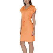B.young women’s vibrant orange short-sleeved dress with v-neckline and drawstring waist for casual wear