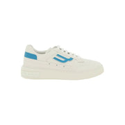 White leather men’s sneaker by bally with bold blue logo, heel stripe, and chunky sole