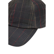 Barbour-Kappe Haydon Tartan für Herren in dunkelgrau kariert mit roten und beigen Streifen und gesticktem Logo, Vorderansicht