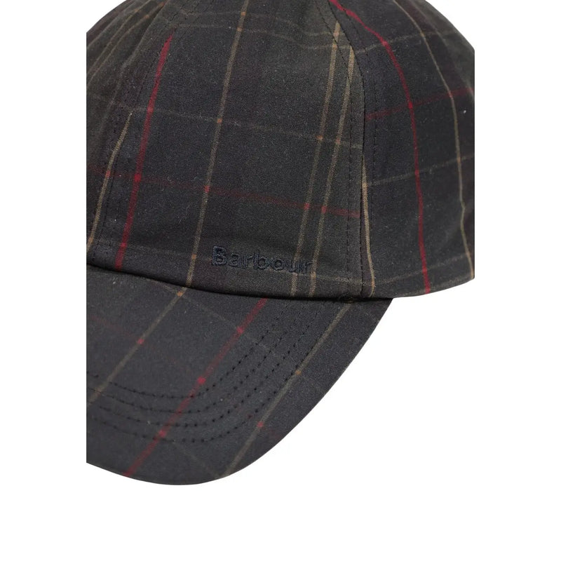Barbour-Kappe Haydon Tartan für Herren in dunkelgrau kariert mit roten und beigen Streifen und gesticktem Logo, Vorderansicht