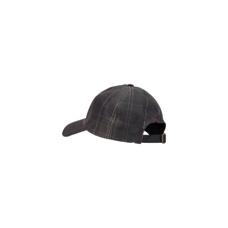 Barbour-Kappe Haydon Tartan für Herren in dunkelgrauem Karomuster mit roten und weißen Streifen und schwarzem verstellbarem Riemen, Vorderansicht