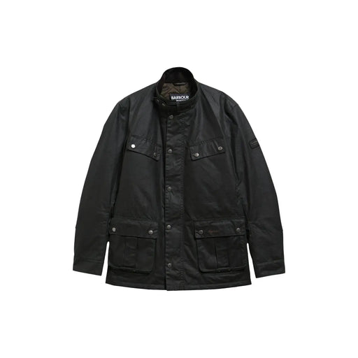 Schwarze Barbour-Jacke mit klassischem Kragen, Knopfleiste und mehreren aufgesetzten Taschen aus gewachster Baumwolle