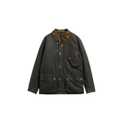Dunkelgrüner Barbour International Herren-Blazer aus gewachster Baumwolle mit braunem Cordkragen und Messingknöpfen