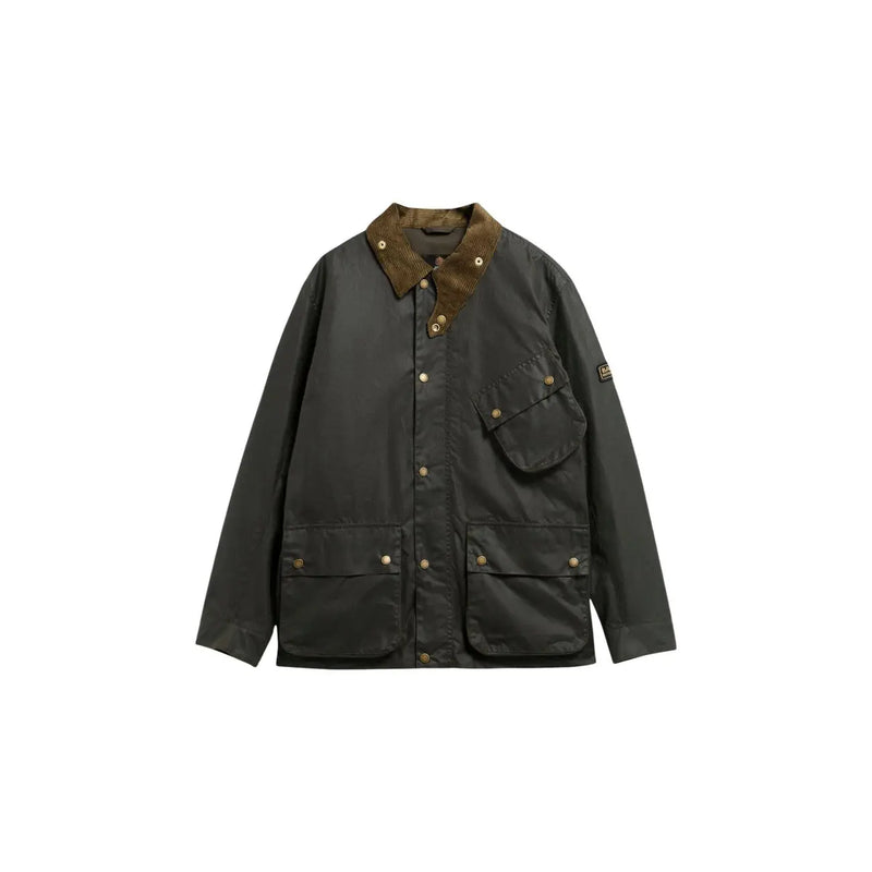 Dunkelgrüner Barbour International Herren-Blazer aus gewachster Baumwolle mit braunem Cordkragen und Messingknöpfen
