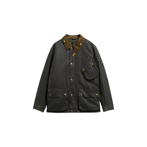 Dunkelgrüner Barbour International Herren-Blazer aus gewachster Baumwolle mit braunem Cordkragen und Messingknöpfen