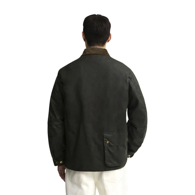 Grüne gewachste Herrenjacke von Barbour International aus Baumwolle mit braunem Cordkragen und goldfarbenen Knöpfen