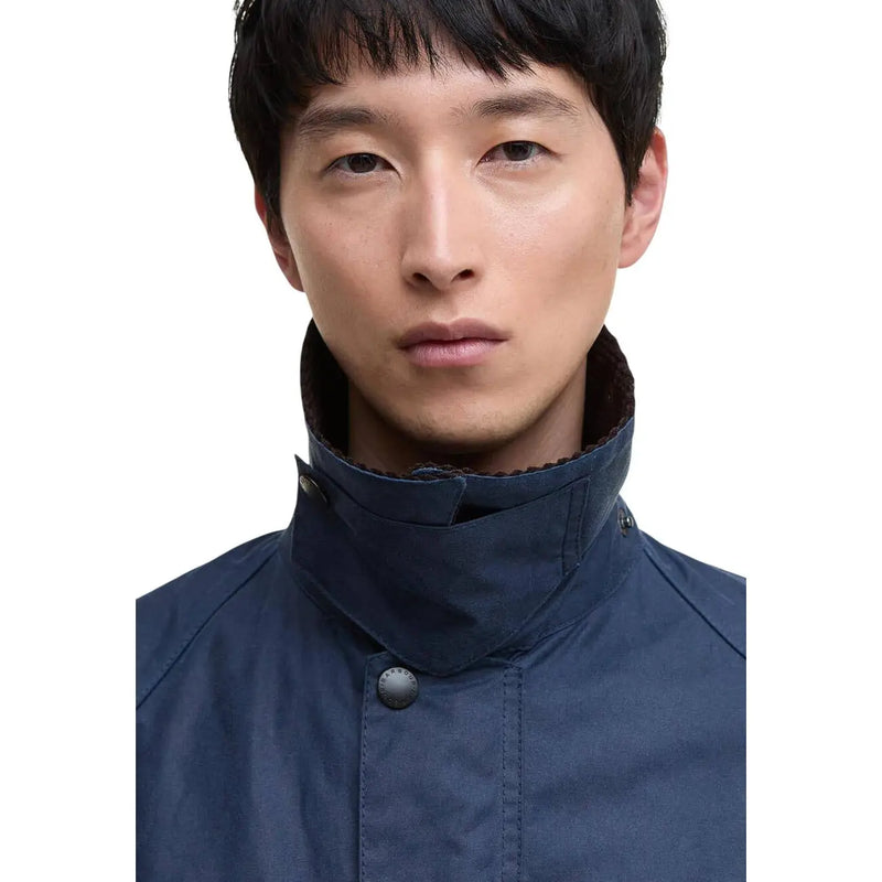 Barbour Herrenblazer aus gewachster Baumwolle, marineblau, wasserdichte Jacke mit Stehkragen und dunkler Knopfleiste