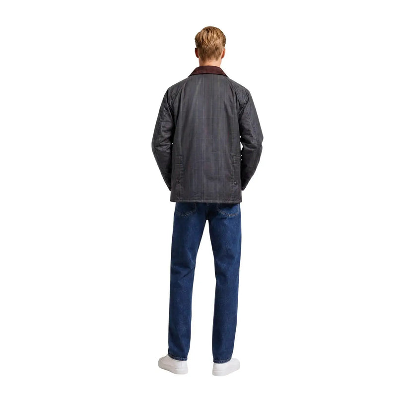 Barbour Herren-Wachsjacke aus braunem Baumwoll-Patchwork in Dunkelgrau mit kontrastierendem bordeauxrotem Kragen