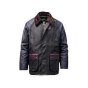 Barbour Herren-Wachsjacke aus braunem Baumwoll-Patchwork in Dunkelgrün mit braunem Cordkragen und bordeauxrot eingefassten Taschen