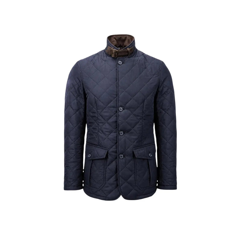 Barbour Steppjacke Lutz für Herren in Dunkelblau mit braunem Lederkragen und passenden Knöpfen, Vorderansicht