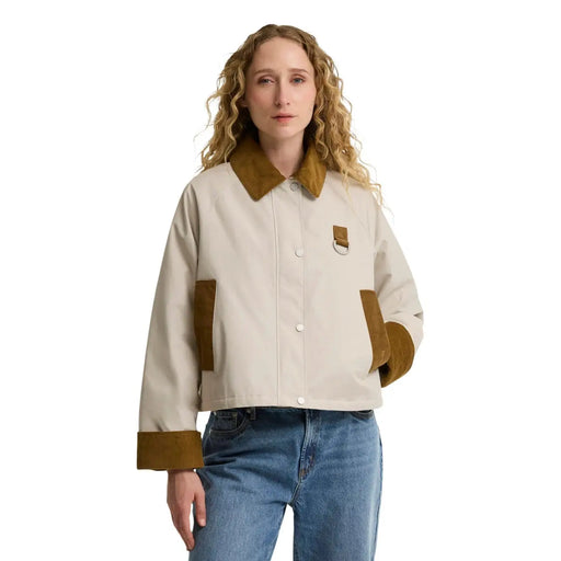 Barbour Damen-Blazer aus beigefarbener Baumwolle mit cremefarbenem Kragen und braunen Wildlederbündchen sowie aufgesetzten Taschen