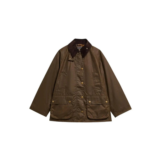 Braune Barbour-Jacke aus gewachster Baumwolle mit dunkelbraunem Cordkragen und Messingknöpfen für Damen, beigefarbener Bedale-Blazer