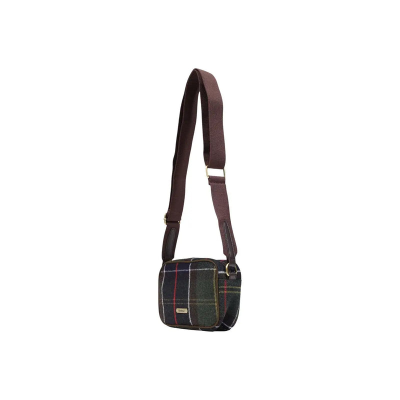 Barbour women green crossbody bag wool blend mini with dark green tartan pattern and brown adjustable strap