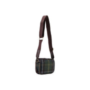 Barbour women green crossbody bag wool blend mini with dark green and black plaid and brown adjustable strap