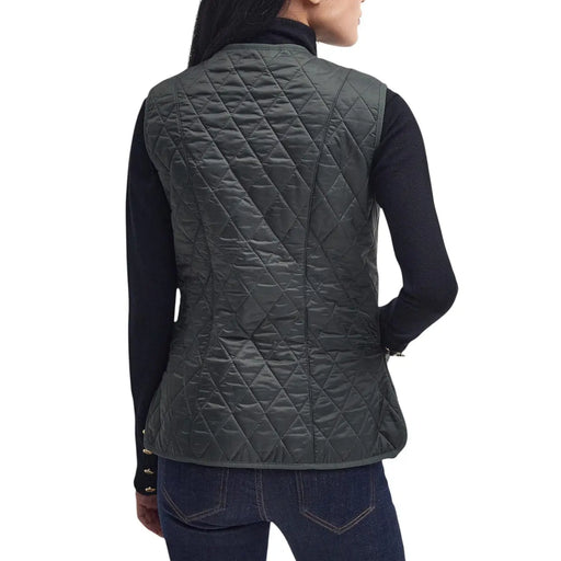 Dunkelgraue, gesteppte Barbour Damen-Fleeceweste Betty mit grünem Futter, Rautenmuster und dezentem Glanz