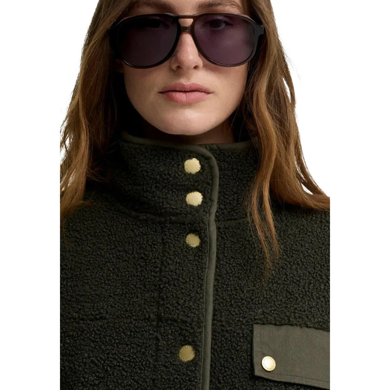 Barbour women green fleece blazer in dark olive polyester with gold-tone buttons and a high collar