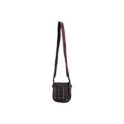 Barbour women green mini crossbody bag in dark green plaid wool blend with brown leather strap and brass hardware