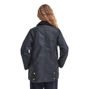 Barbour women wax blazer brown cotton jacket with dark navy waterproof fabric, brown corduroy collar, and brass buttons
