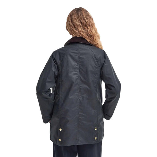 Barbour Damen-Wachsblazer, braune Baumwolljacke mit dunkelblauem, wasserdichtem Material, braunem Cordkragen und Messingknöpfen
