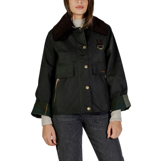 Schwarzer Barbour Damen-Wachsblazer, Herbstjacke aus grüner Baumwolle mit dunkelbraunem Pelzkragen und goldfarbenen Knöpfen und Reißverschlüssen